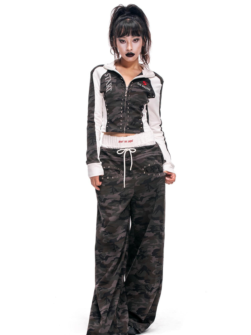 START THE ENGINE Camouflage Studded Zip Slim Fit Women's Cotton Cropped Jackets