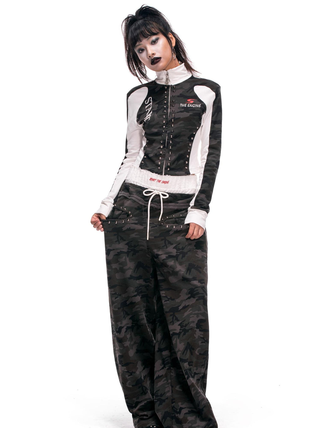 START THE ENGINE Camouflage Studded Zip Slim Fit Women's Cotton Cropped Jackets