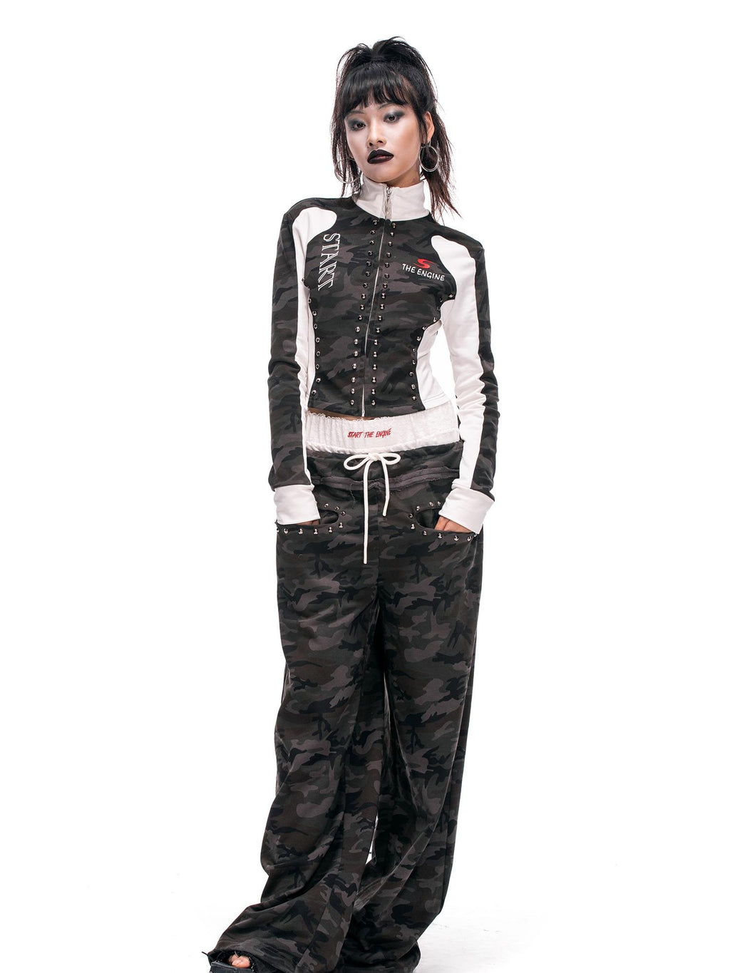 START THE ENGINE Camouflage Studded Zip Slim Fit Women's Cotton Cropped Jackets