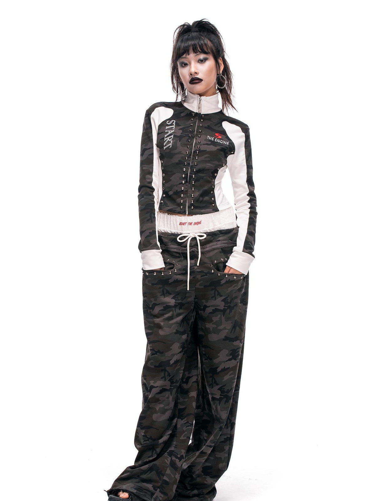 START THE ENGINE Camouflage Studded Zip Slim Fit Women's Cotton Cropped Jackets