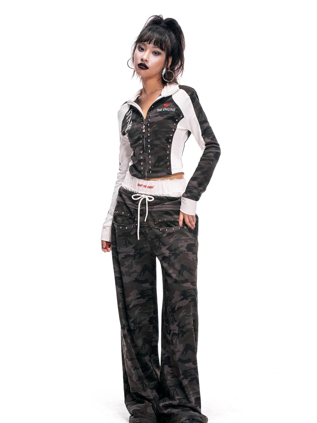 START THE ENGINE Camouflage Studded Zip Slim Fit Women's Cotton Cropped Jackets