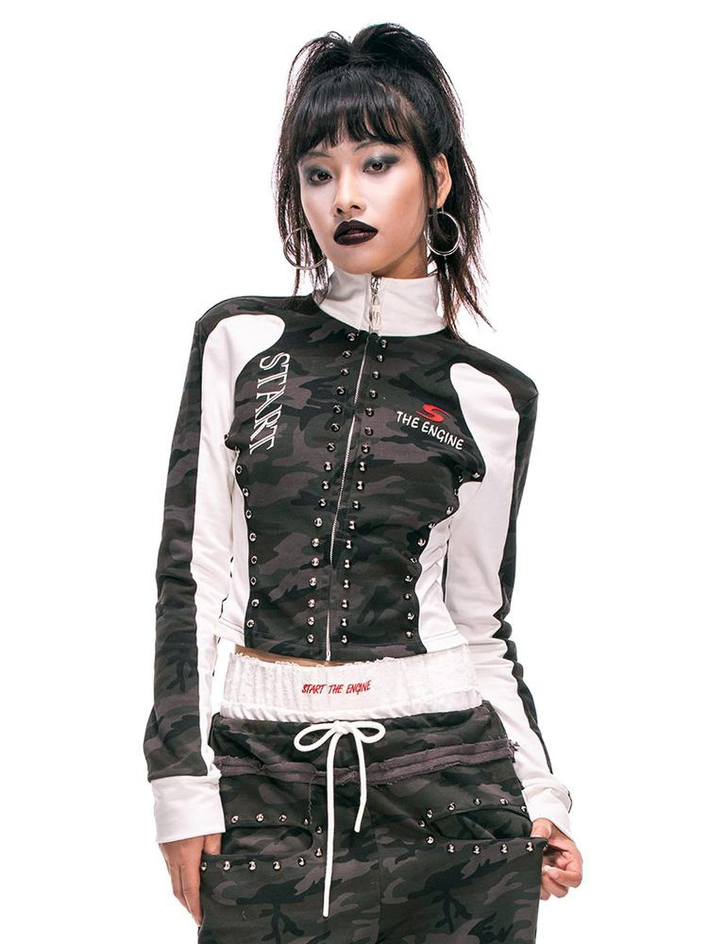 START THE ENGINE Camouflage Studded Zip Slim Fit Women's Cotton Cropped Jackets