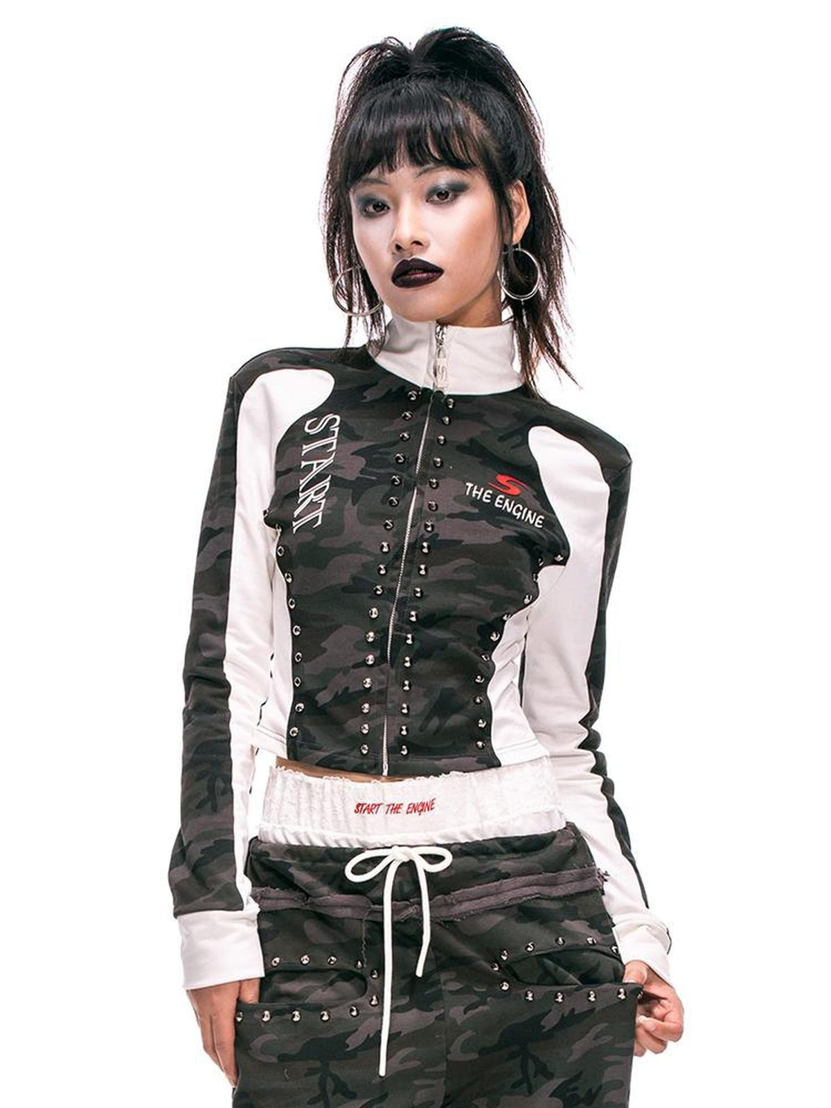 START THE ENGINE Camouflage Studded Zip Slim Fit Women's Cotton Cropped Jackets
