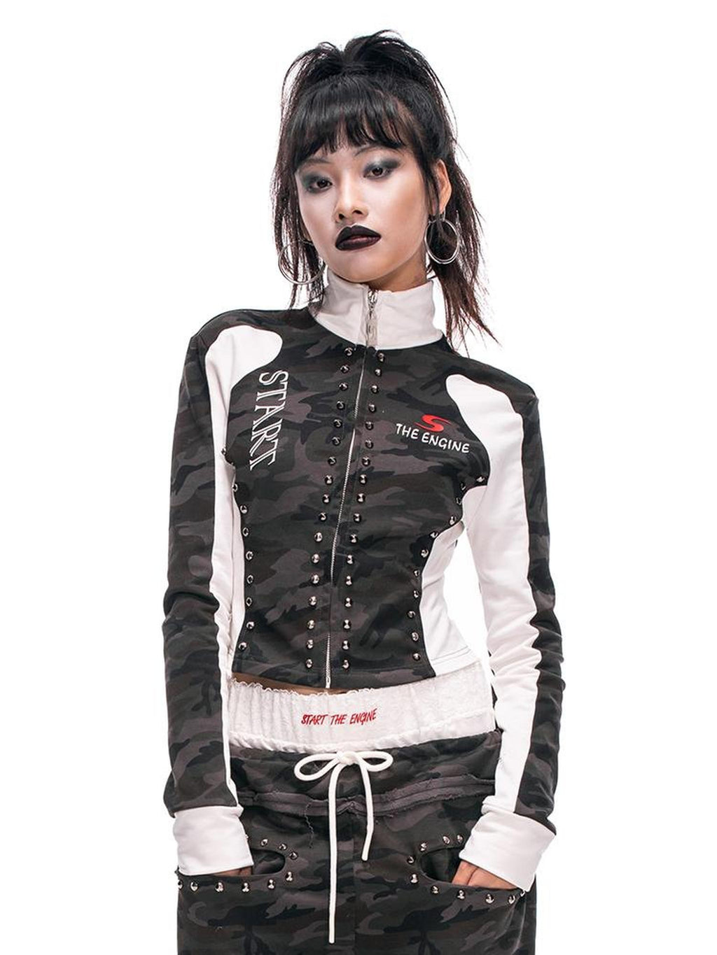 START THE ENGINE Camouflage Studded Zip Slim Fit Women's Cotton Cropped Jackets