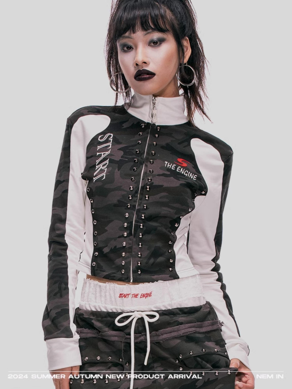 START THE ENGINE Camouflage Studded Zip Slim Fit Women's Cotton Cropped Jackets
