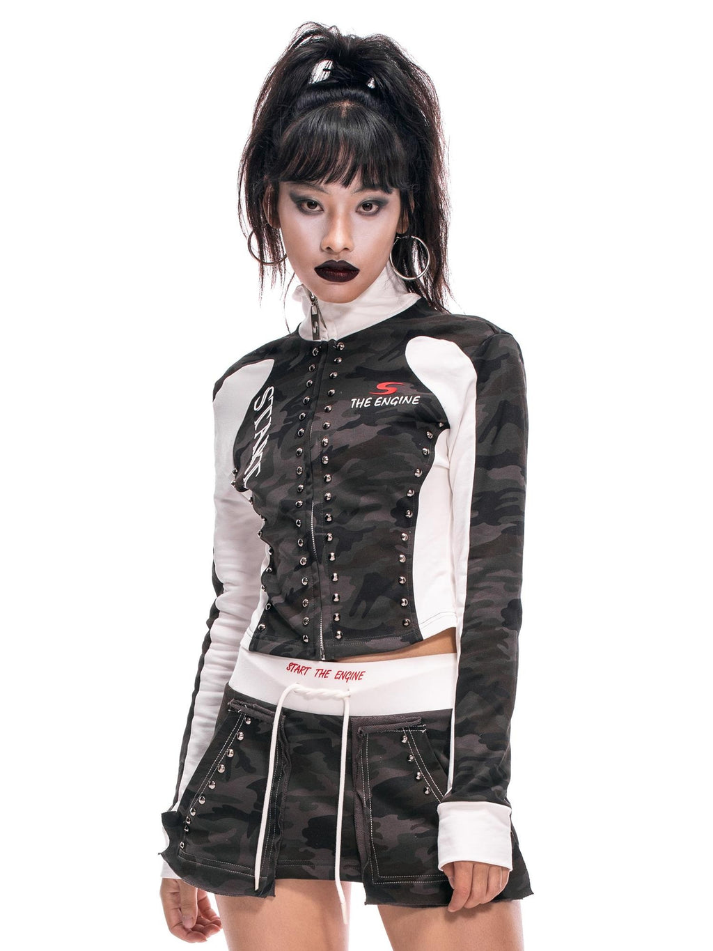 START THE ENGINE Camouflage Studded Zip Slim Fit Women's Cotton Cropped Jackets