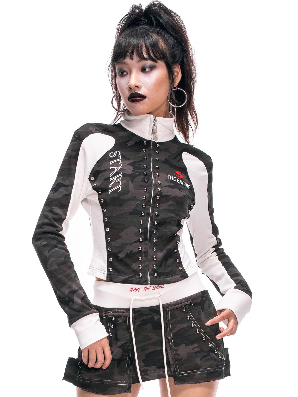 START THE ENGINE Camouflage Studded Zip Slim Fit Women's Cotton Cropped Jackets