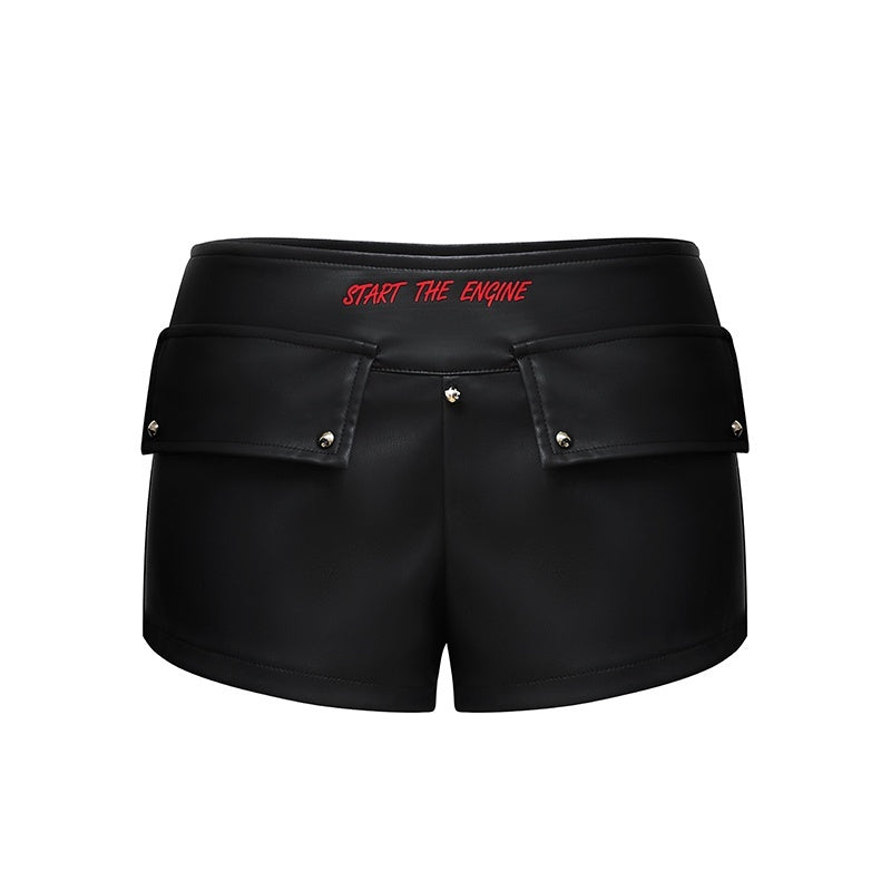 START_THE_ENGINE_Colorblock_Graphic_Print_Pu_Leather_Low_Waist_Women's_Hot_Pants_852860358045_MISSTT