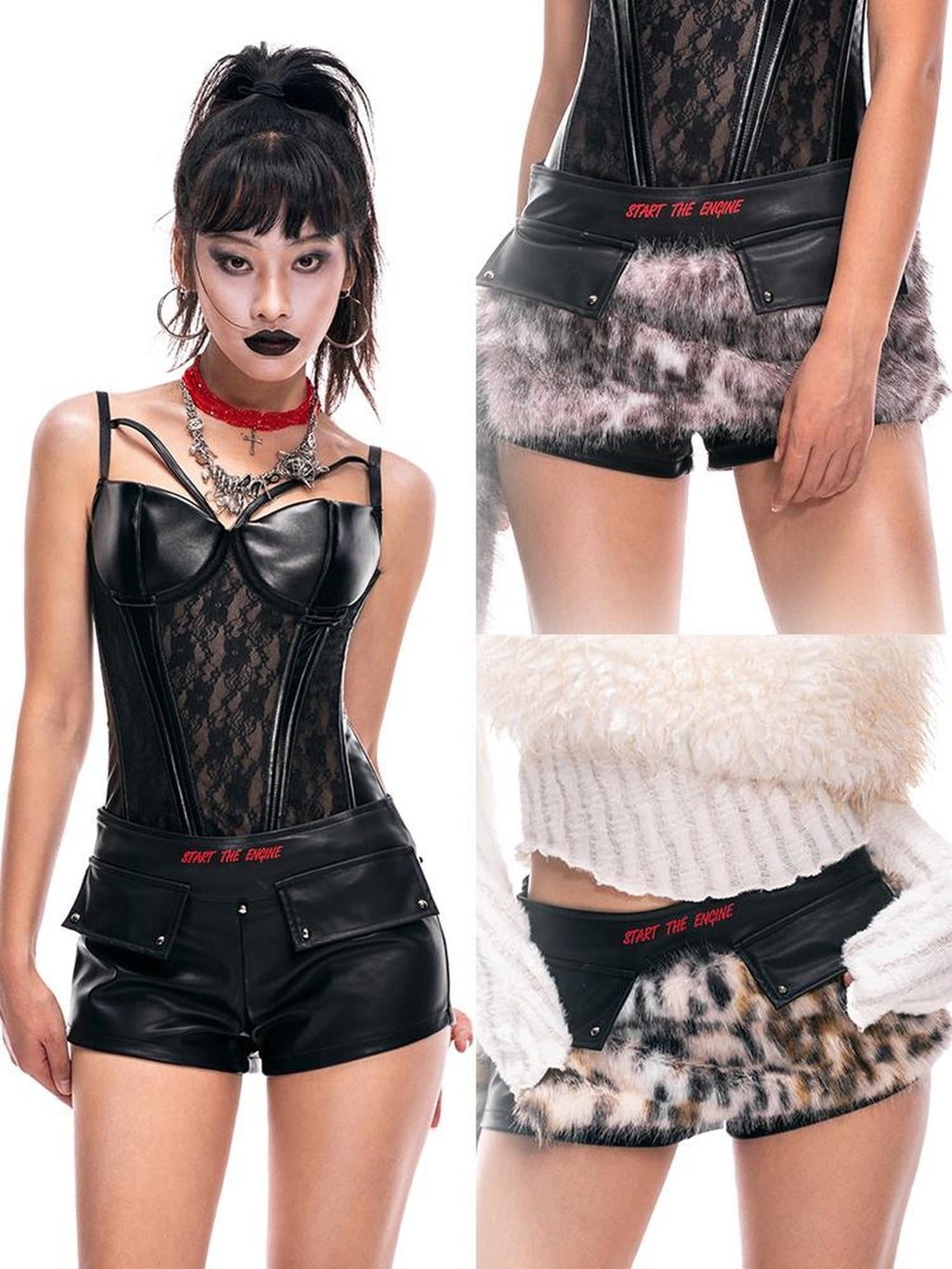 START THE ENGINE Colorblock Graphic Print Pu Leather Low Waist Women's Hot Pants