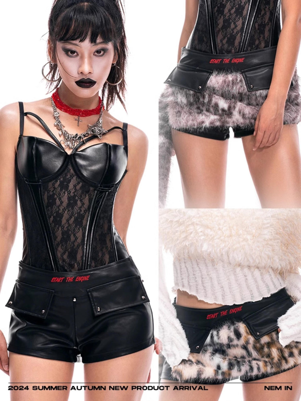 START THE ENGINE Colorblock Graphic Print Pu Leather Low Waist Women's Hot Pants