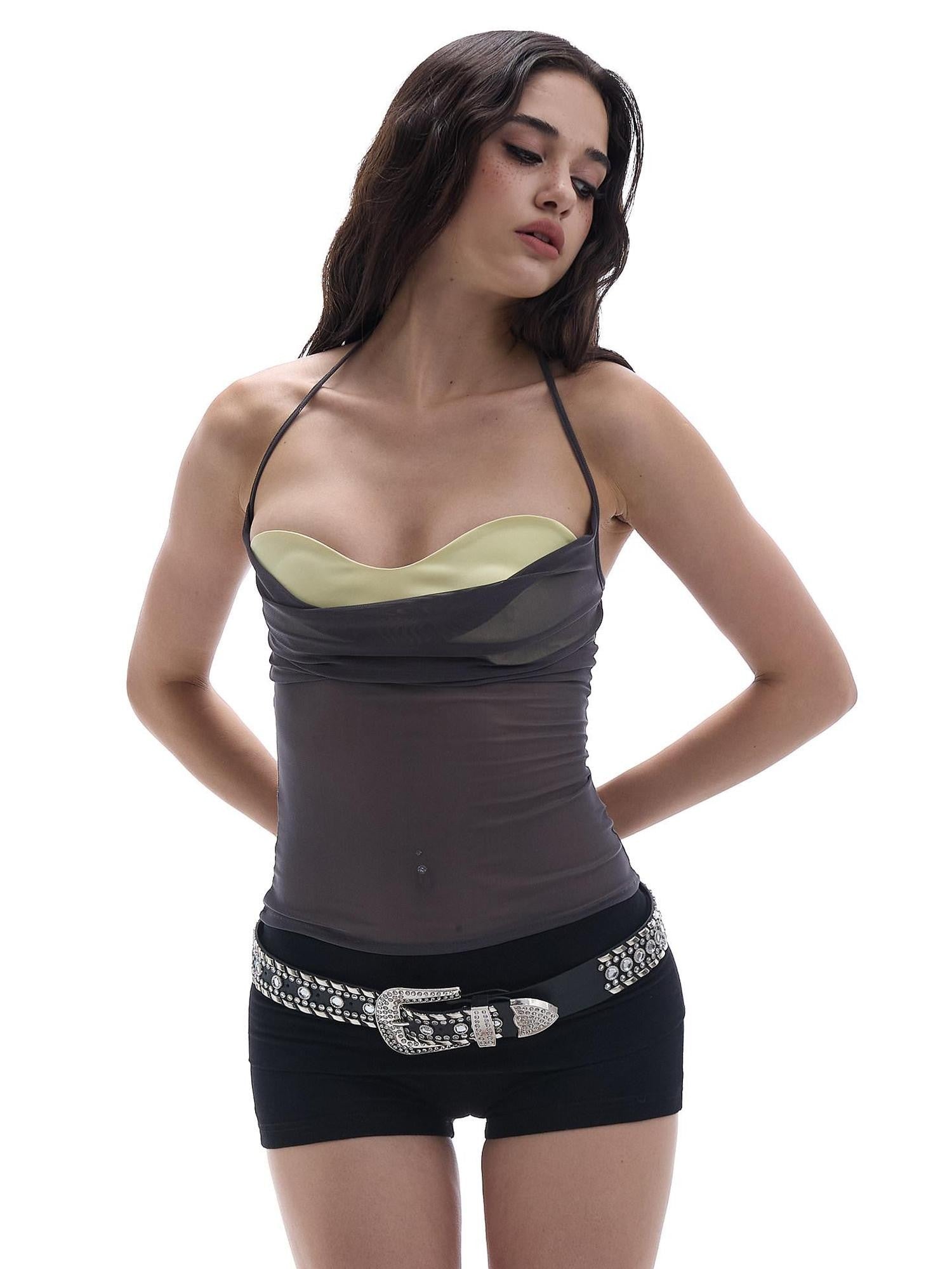 START THE ENGINE Colorblock Satin Sheer Stretch Bandeau Women's Polyester Spandex Halter Tops