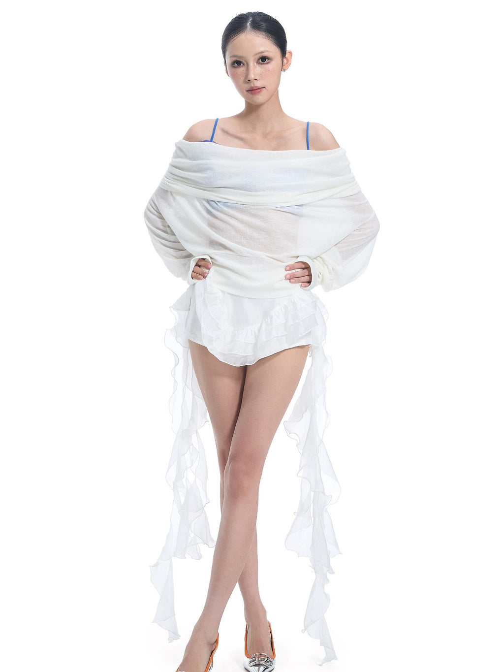 START THE ENGINE Convertible One Shoulder Sheer Plunge Women's Lyocell Long Sleeve T-shirts
