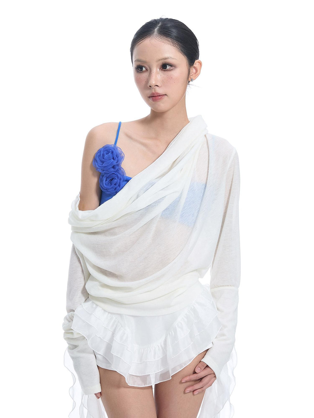 START THE ENGINE Convertible One Shoulder Sheer Plunge Women's Lyocell Long Sleeve T-shirts