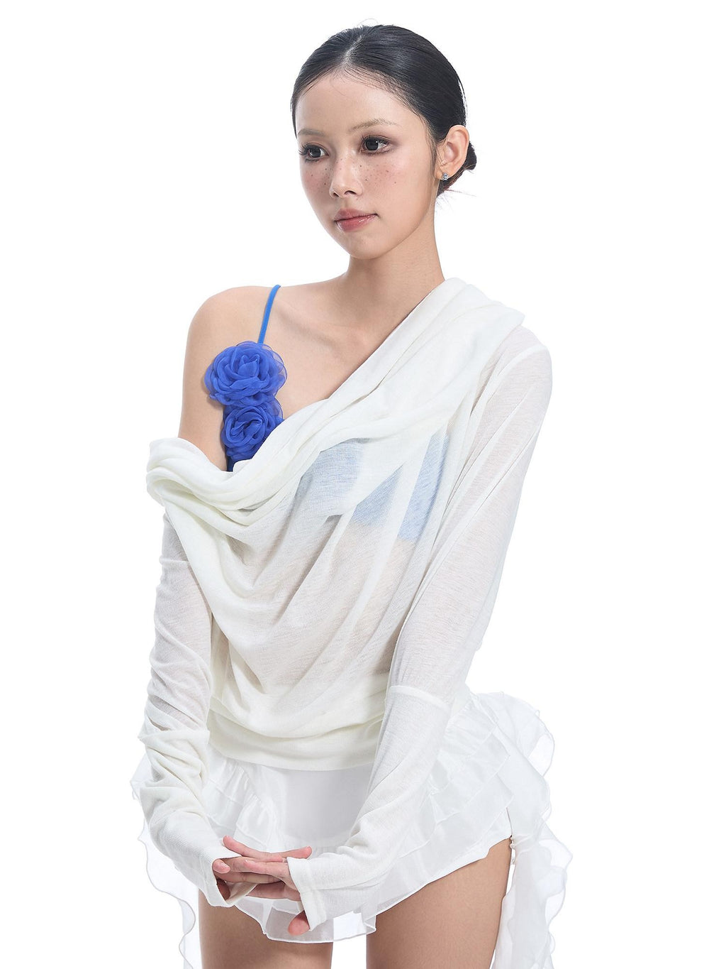 START THE ENGINE Convertible One Shoulder Sheer Plunge Women's Lyocell Long Sleeve T-shirts