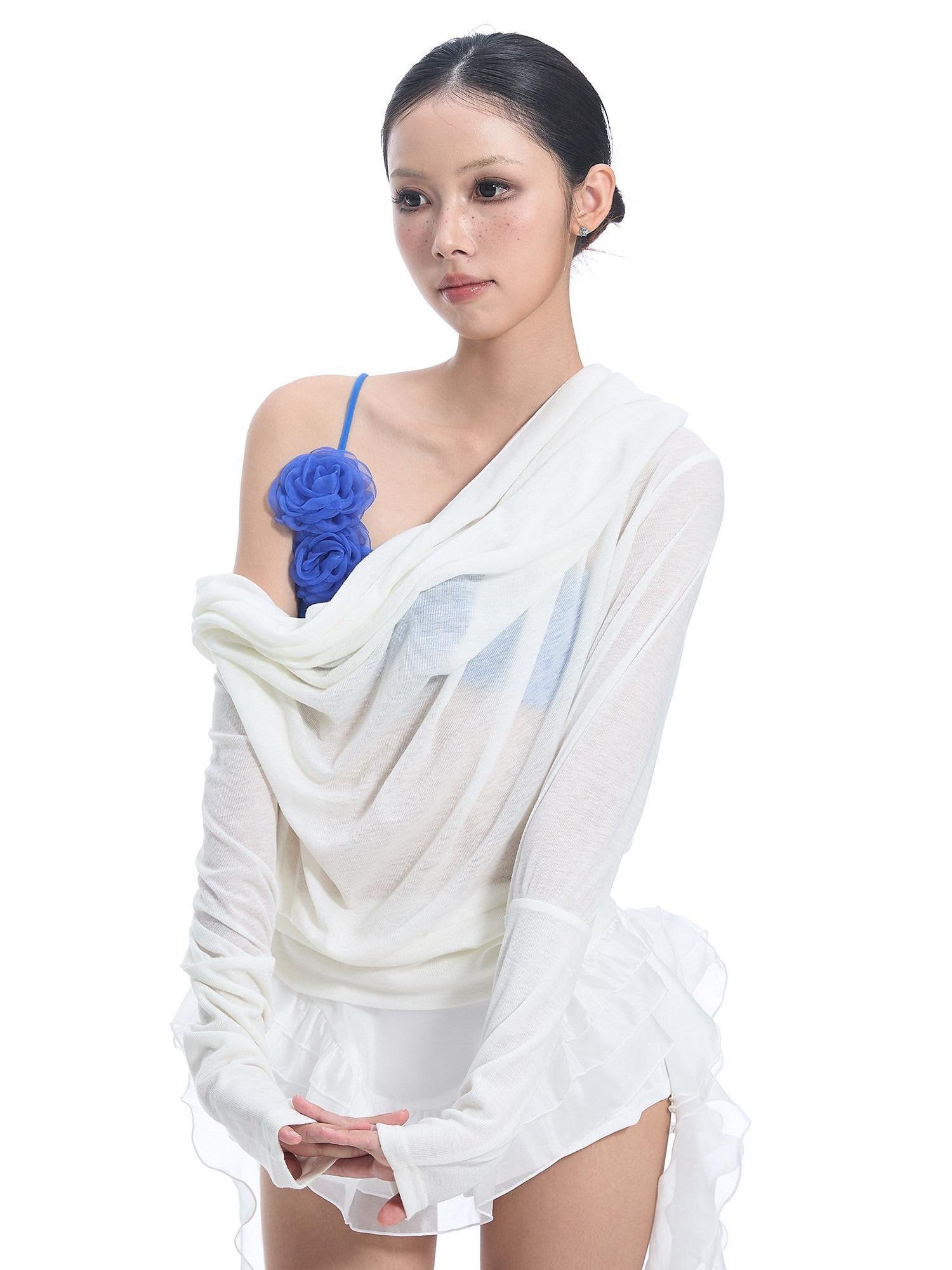 START THE ENGINE Convertible One Shoulder Sheer Plunge Women's Lyocell Long Sleeve T-shirts