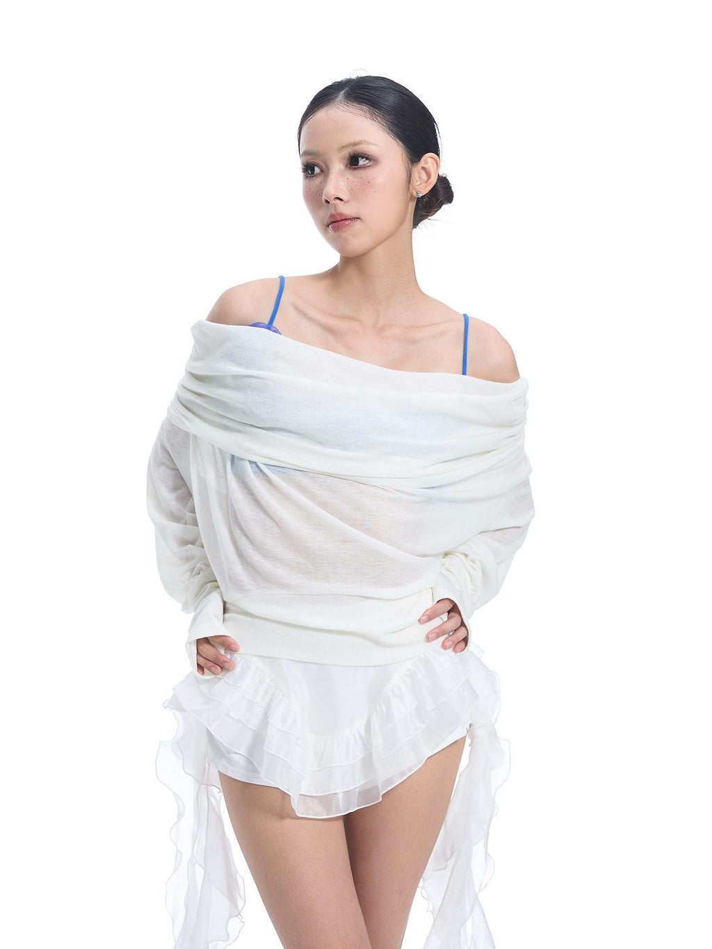 START THE ENGINE Convertible One Shoulder Sheer Plunge Women's Lyocell Long Sleeve T-shirts