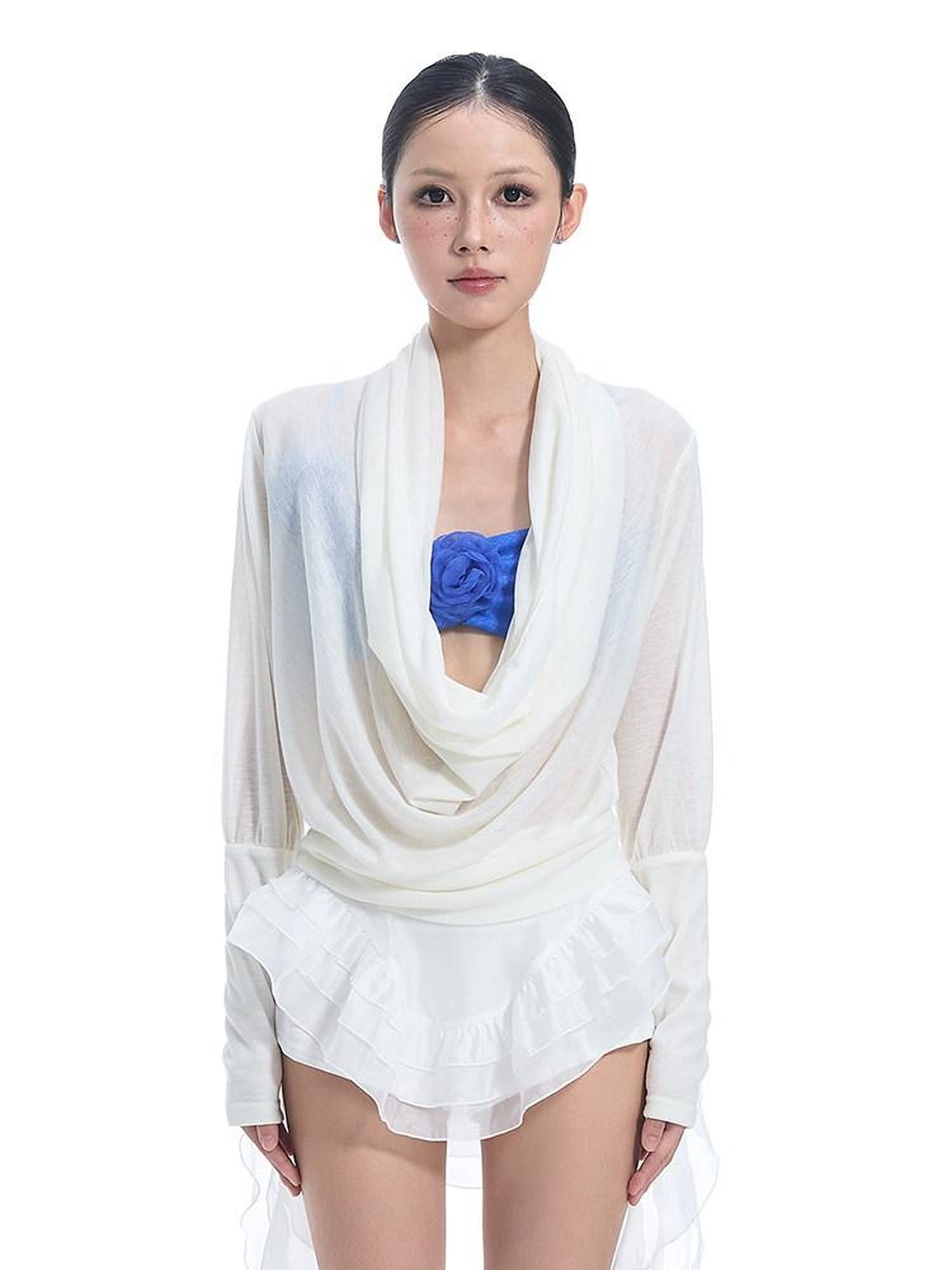 START THE ENGINE Convertible One Shoulder Sheer Plunge Women's Lyocell Long Sleeve T-shirts