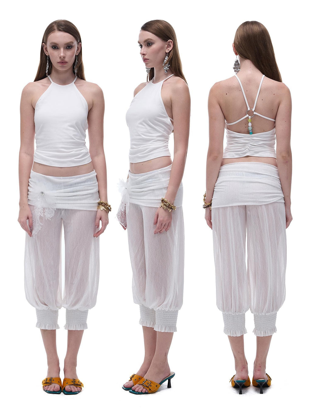 START THE ENGINE Crisscross Beaded Backless Ruched Fitted Cotton Women's Tank Tops