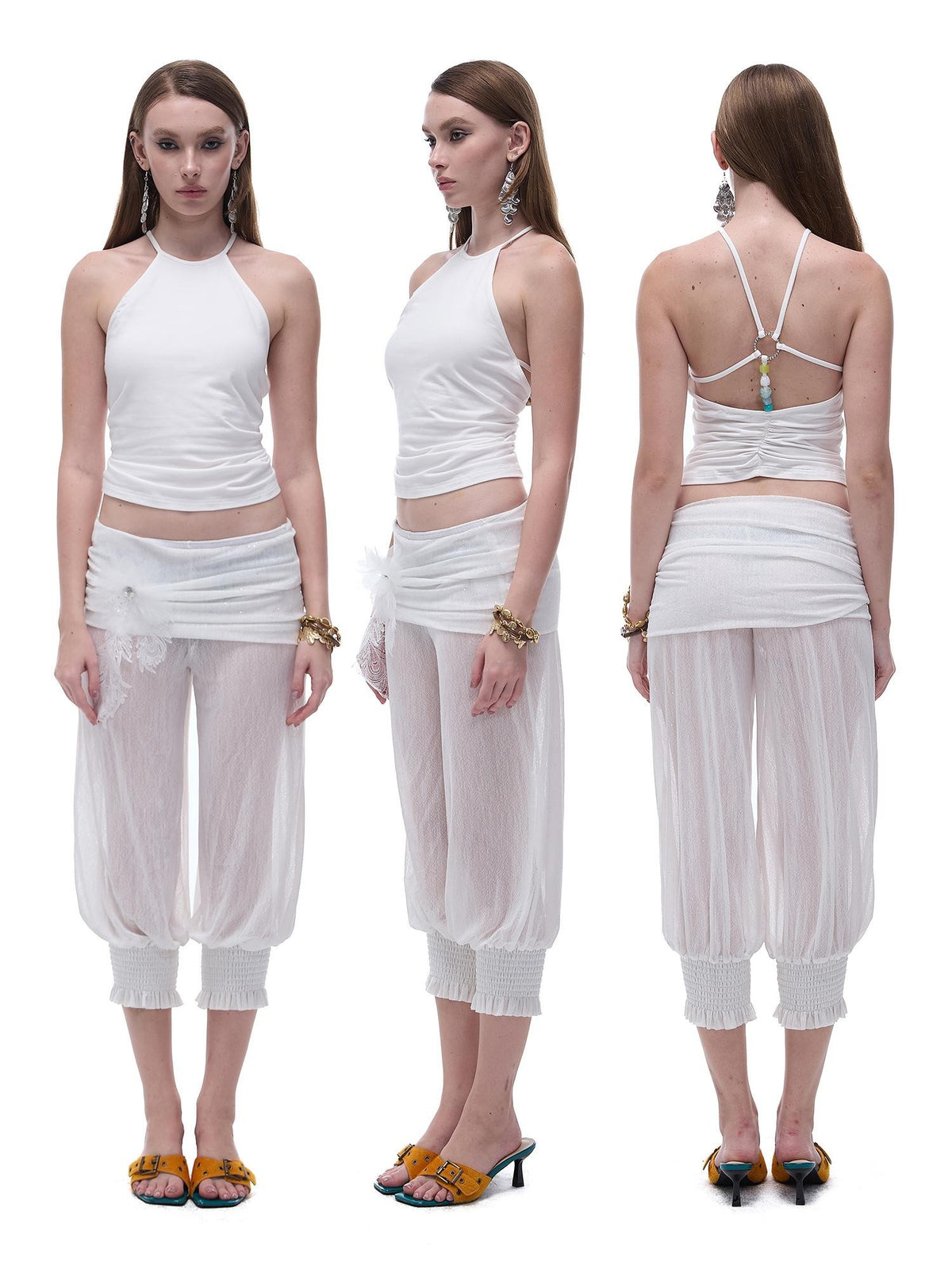START THE ENGINE Crisscross Beaded Backless Ruched Fitted Cotton Women's Tank Tops