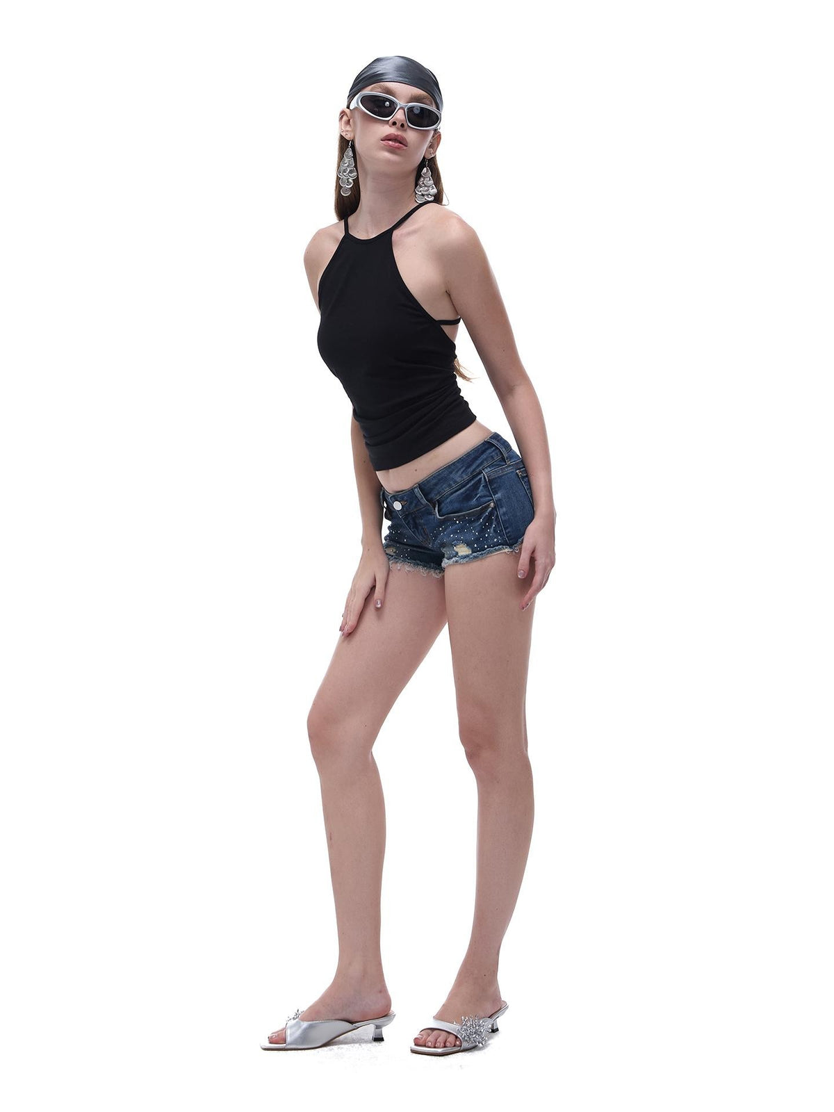 START THE ENGINE Crisscross Beaded Backless Ruched Fitted Cotton Women's Tank Tops