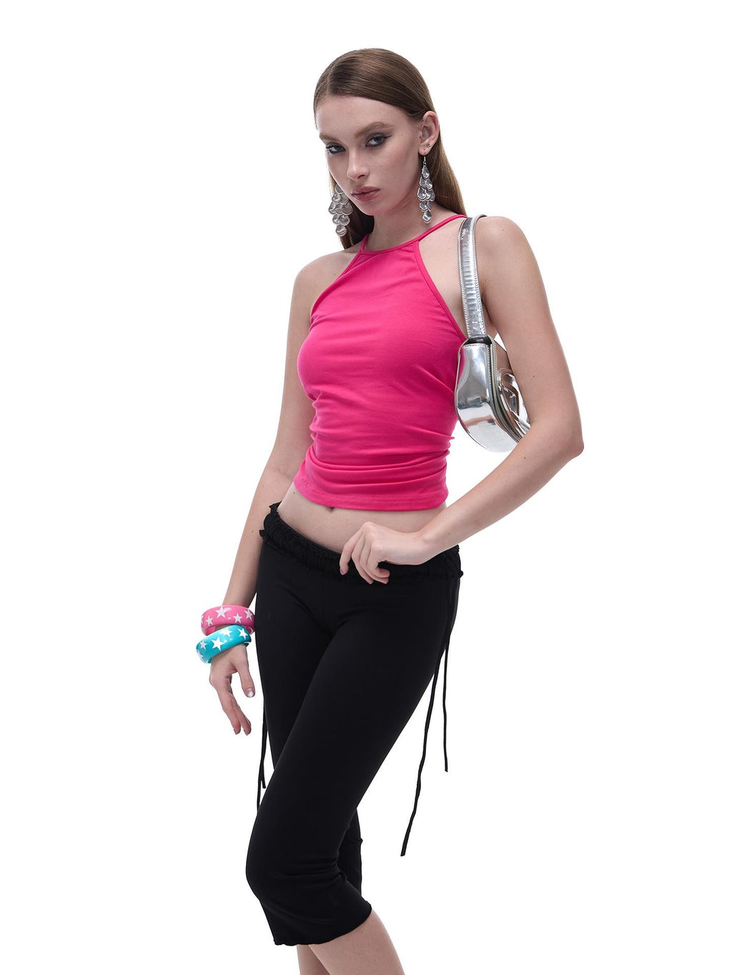 START THE ENGINE Crisscross Beaded Backless Ruched Fitted Cotton Women's Tank Tops