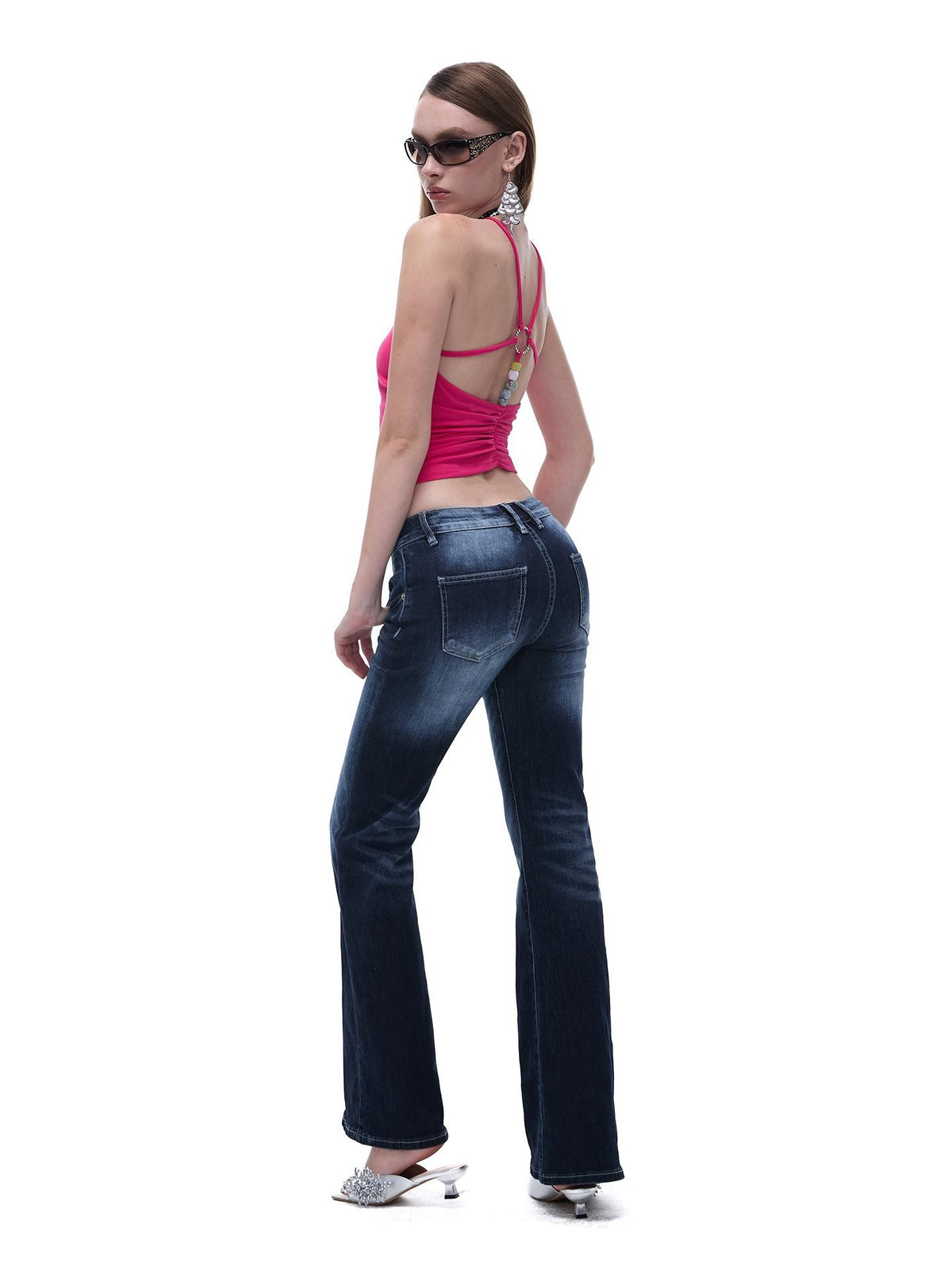 START THE ENGINE Crisscross Beaded Backless Ruched Fitted Cotton Women's Tank Tops