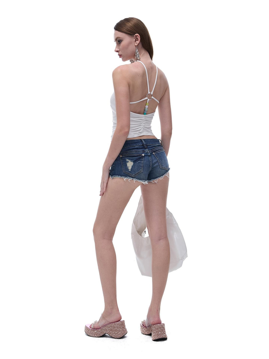 START THE ENGINE Crisscross Beaded Backless Ruched Fitted Cotton Women's Tank Tops