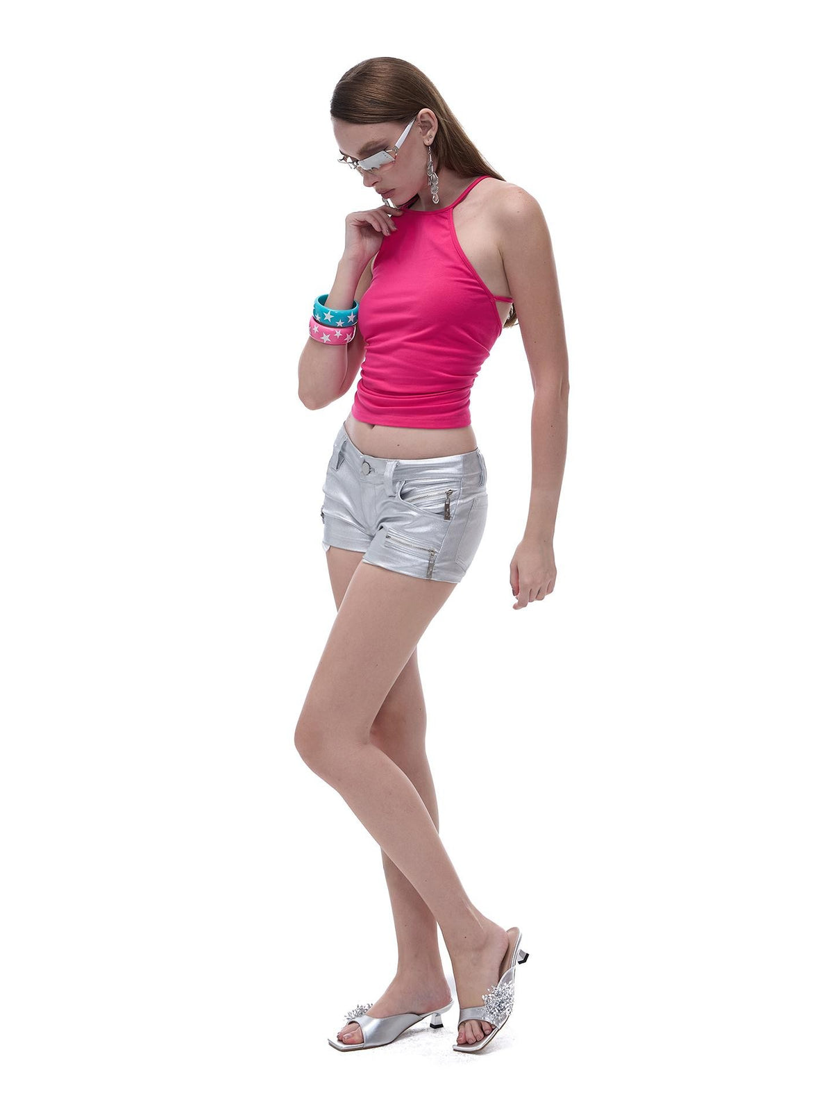 START THE ENGINE Crisscross Beaded Backless Ruched Fitted Cotton Women's Tank Tops