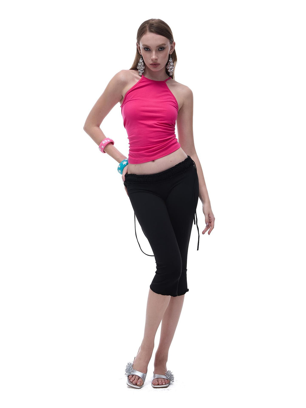 START THE ENGINE Crisscross Beaded Backless Ruched Fitted Cotton Women's Tank Tops
