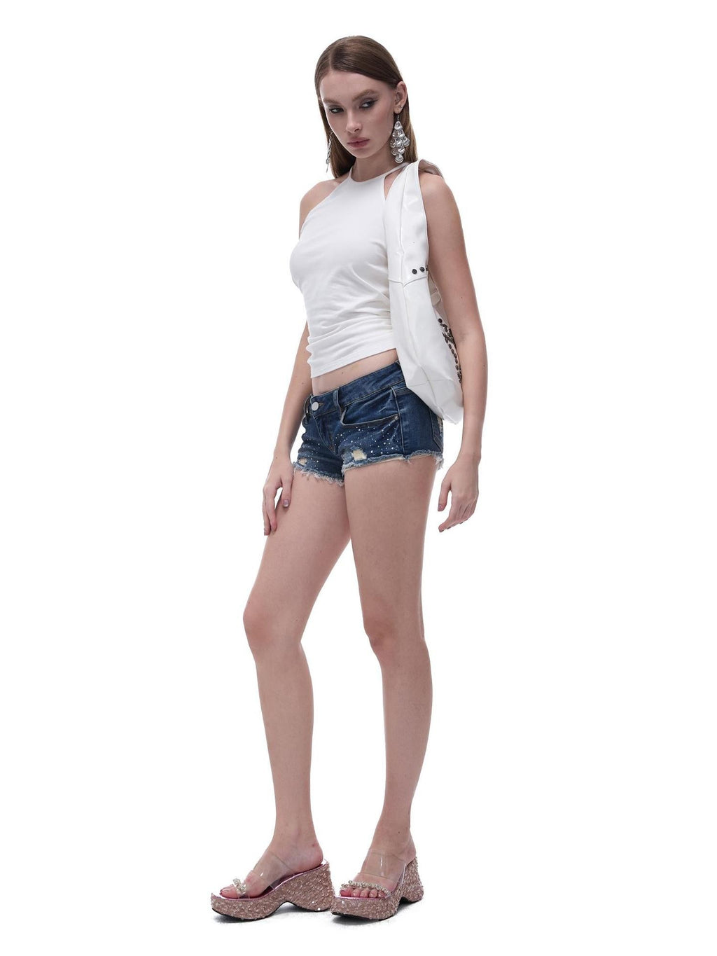 START THE ENGINE Crisscross Beaded Backless Ruched Fitted Cotton Women's Tank Tops