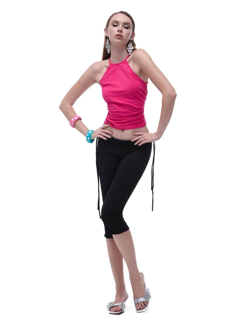 START THE ENGINE Crisscross Beaded Backless Ruched Fitted Cotton Women's Tank Tops