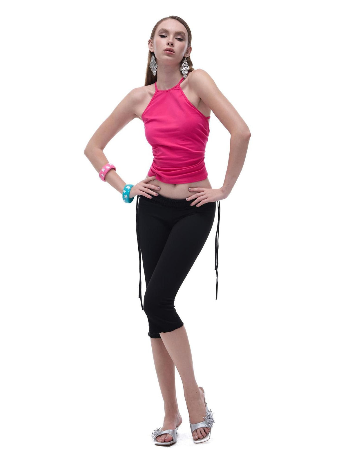 START THE ENGINE Crisscross Beaded Backless Ruched Fitted Cotton Women's Tank Tops