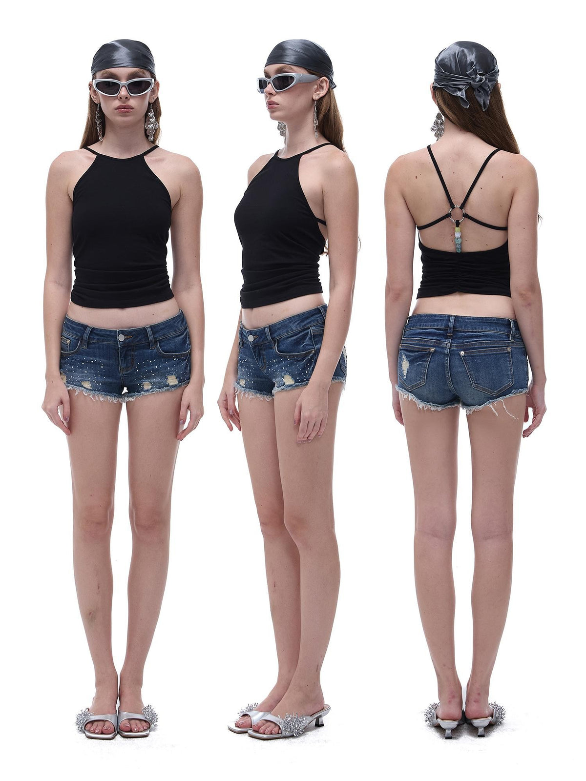 START THE ENGINE Crisscross Beaded Backless Ruched Fitted Cotton Women's Tank Tops