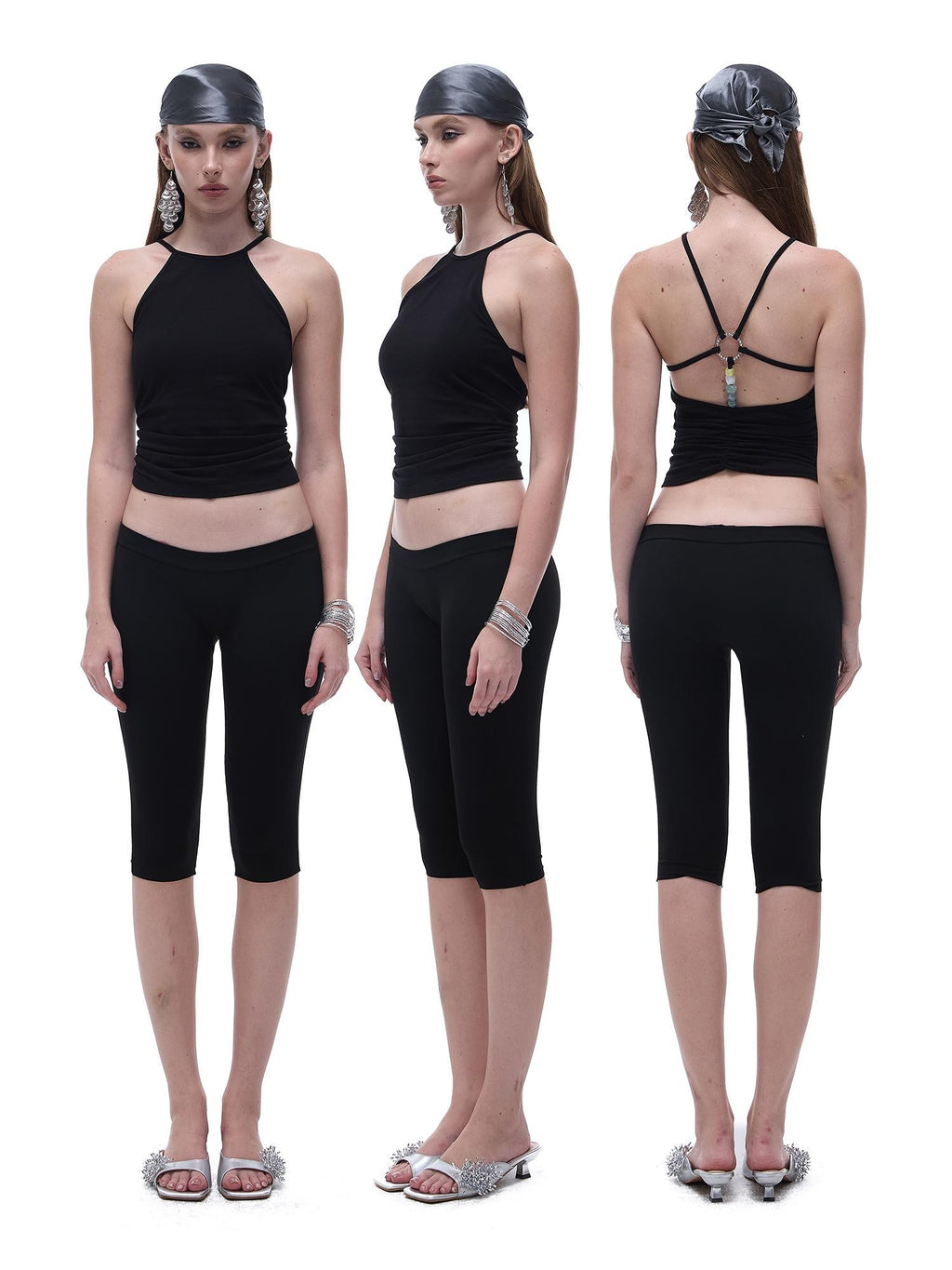 START THE ENGINE Crisscross Beaded Backless Ruched Fitted Cotton Women's Tank Tops