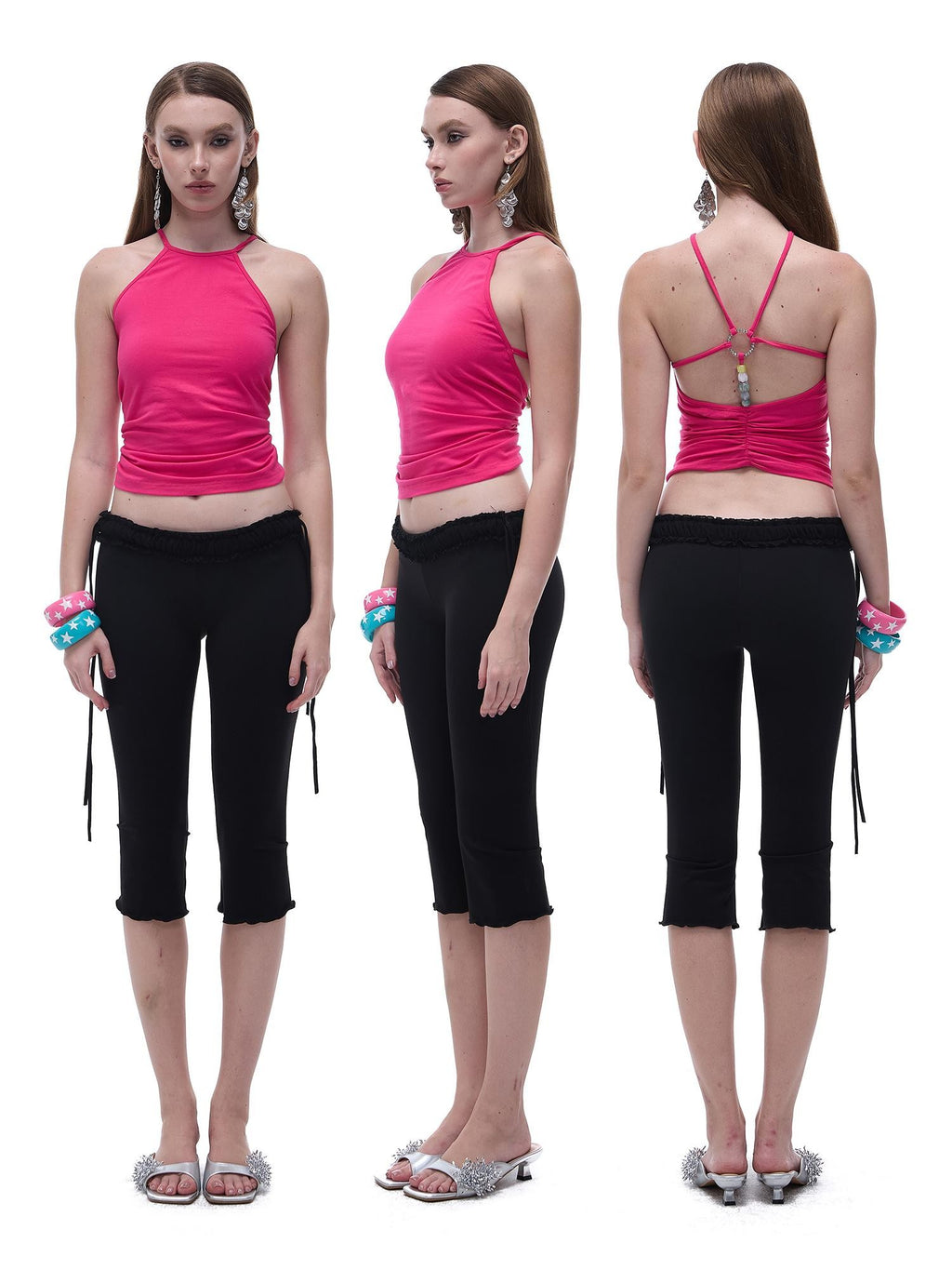START THE ENGINE Crisscross Beaded Backless Ruched Fitted Cotton Women's Tank Tops
