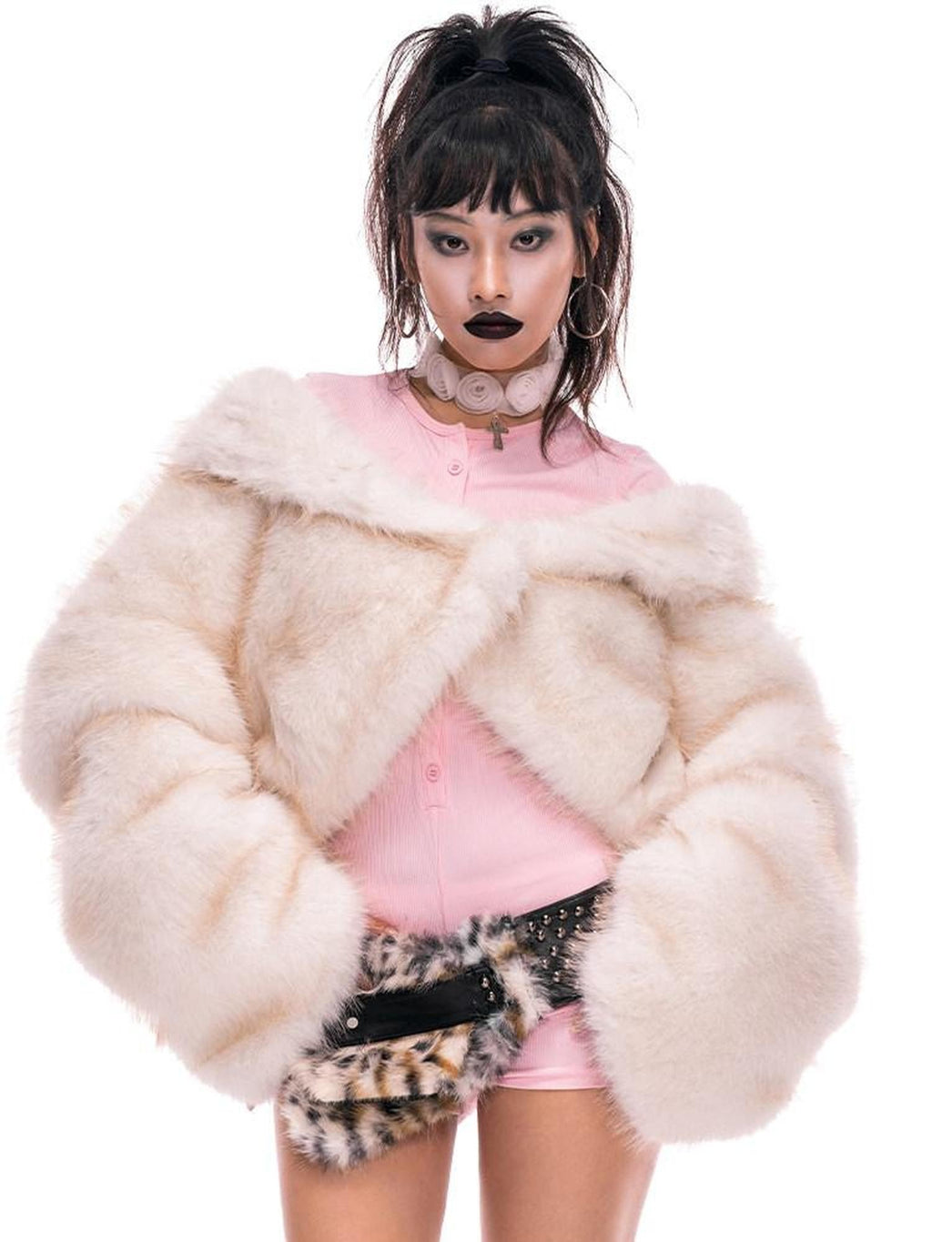 START THE ENGINE Cropped Stand Collar Integrated Leather Fur Street Women's Eco Faux Fur Coats