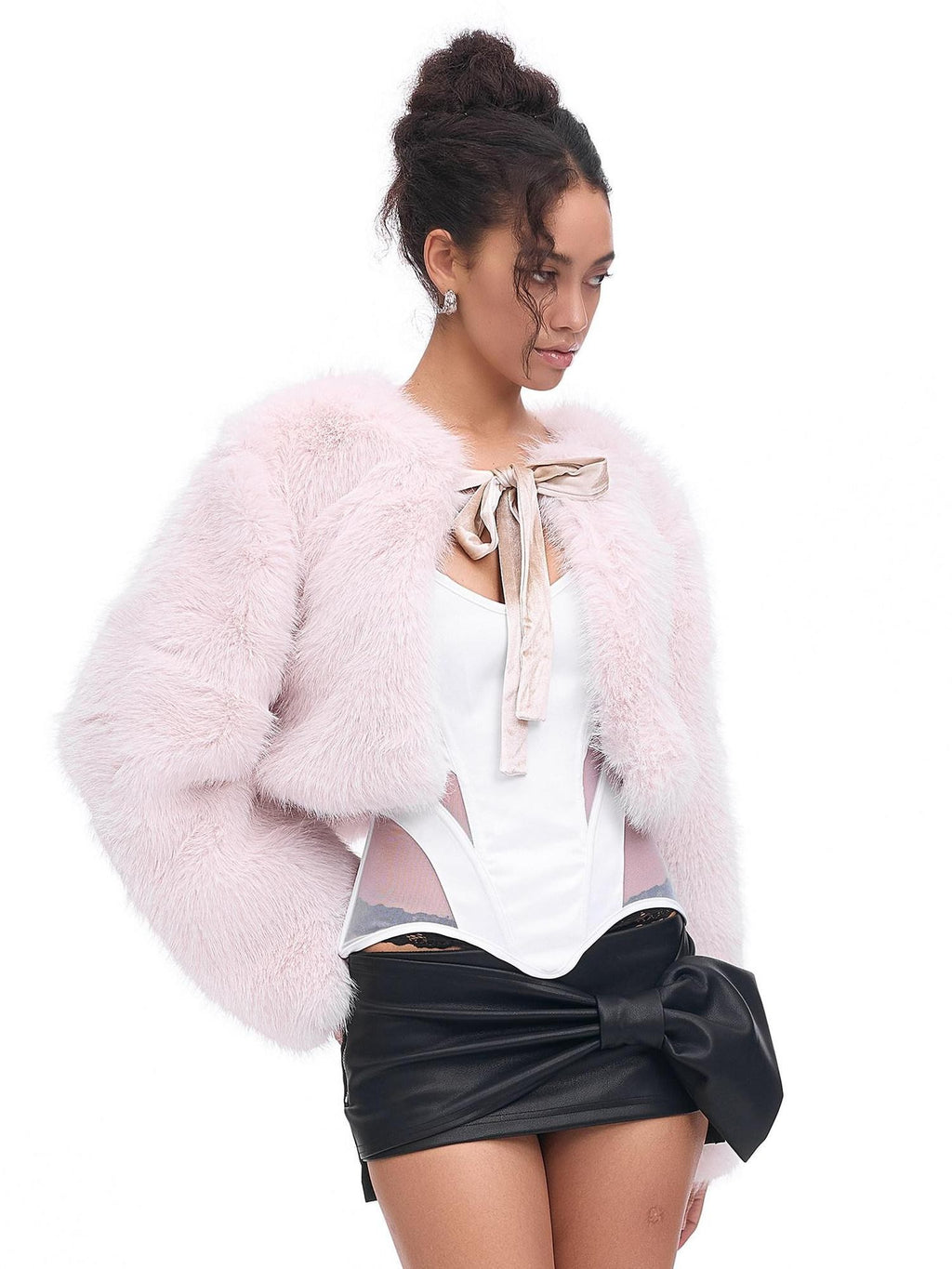 START THE ENGINE Cropped Tie Solid Plush Loose Fit Women's Polyester Eco Faux Fur Fleece Jackets