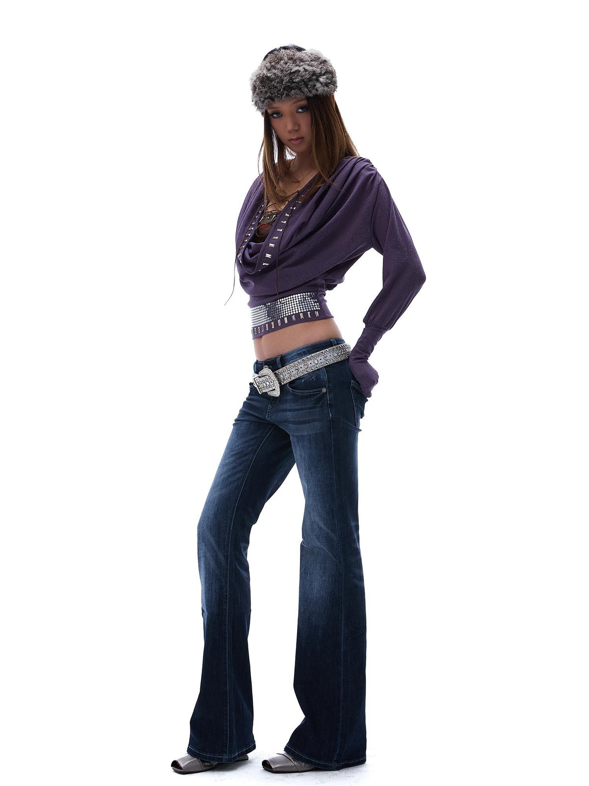 START THE ENGINE Deep V Cowl Neck Rhinestone Lace Up Women's Slim Fit Long Sleeve T-shirts