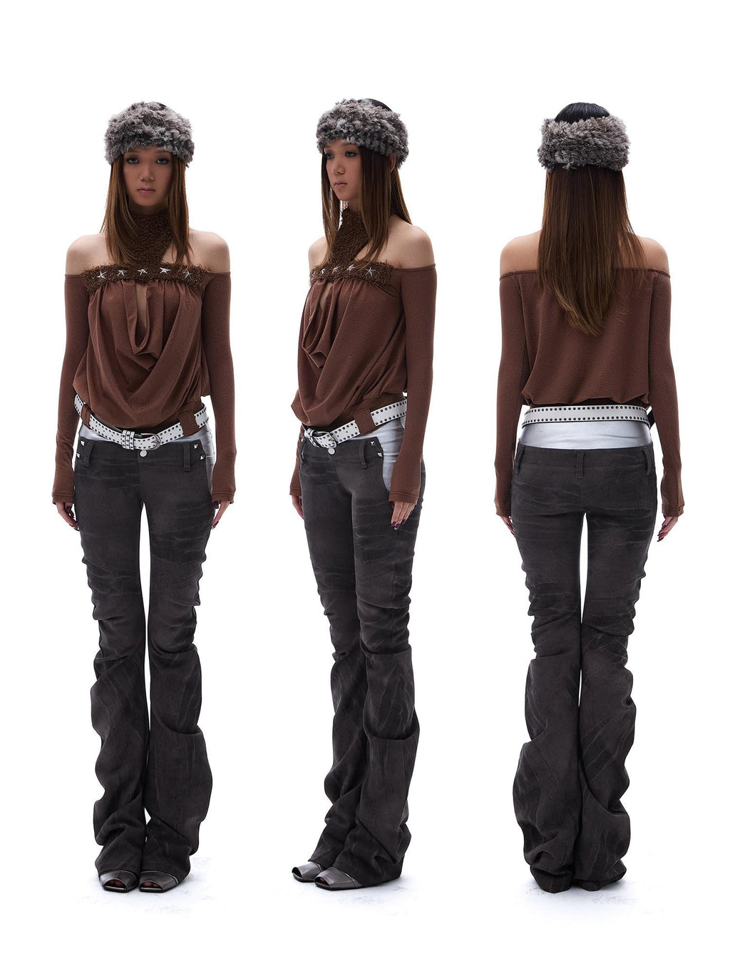 START THE ENGINE Denim Blue Double Waist Spliced Studded Cat Scratch Slim Women's Chinos