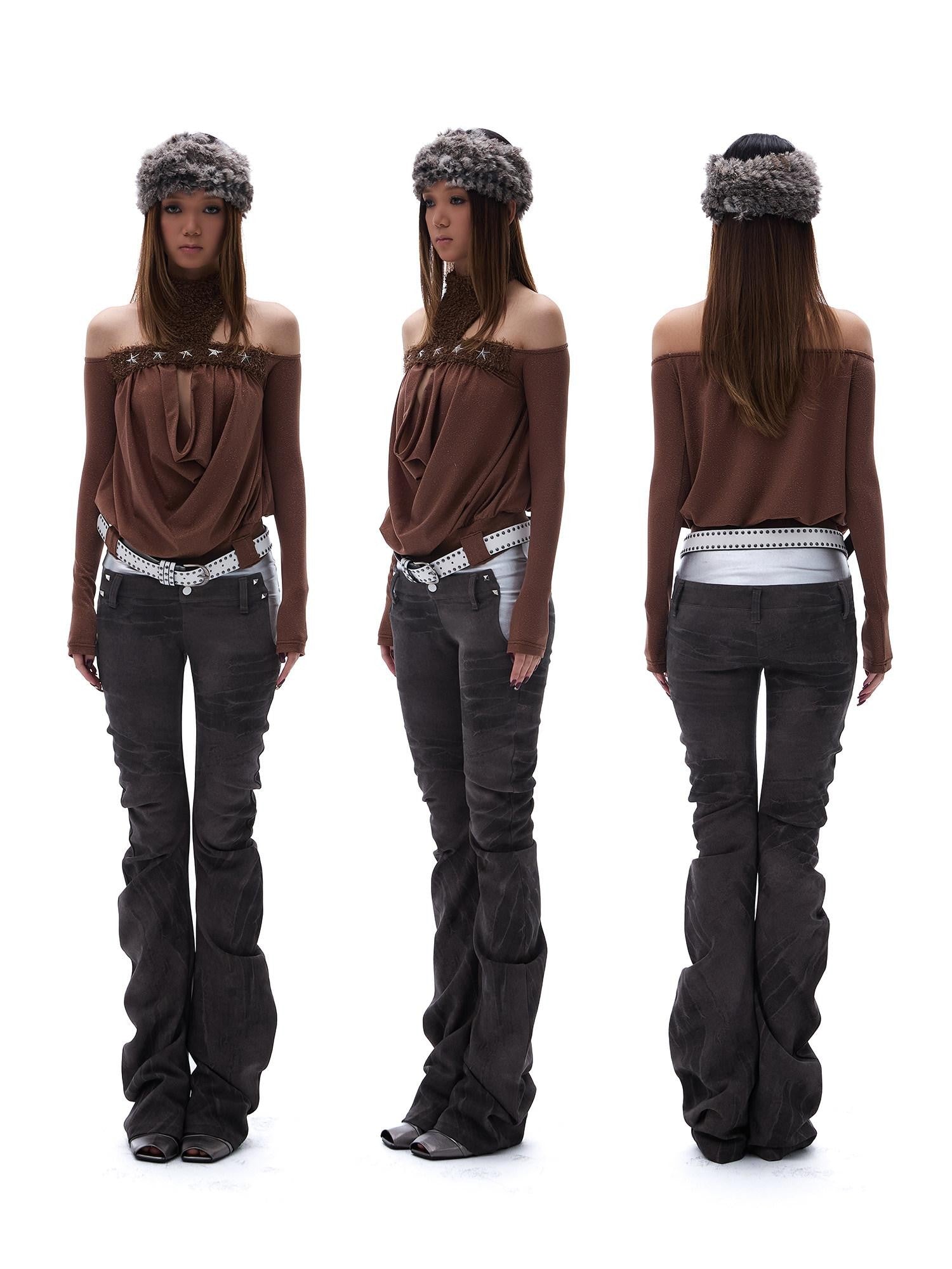 START THE ENGINE Denim Blue Double Waist Spliced Studded Cat Scratch Slim Women's Chinos