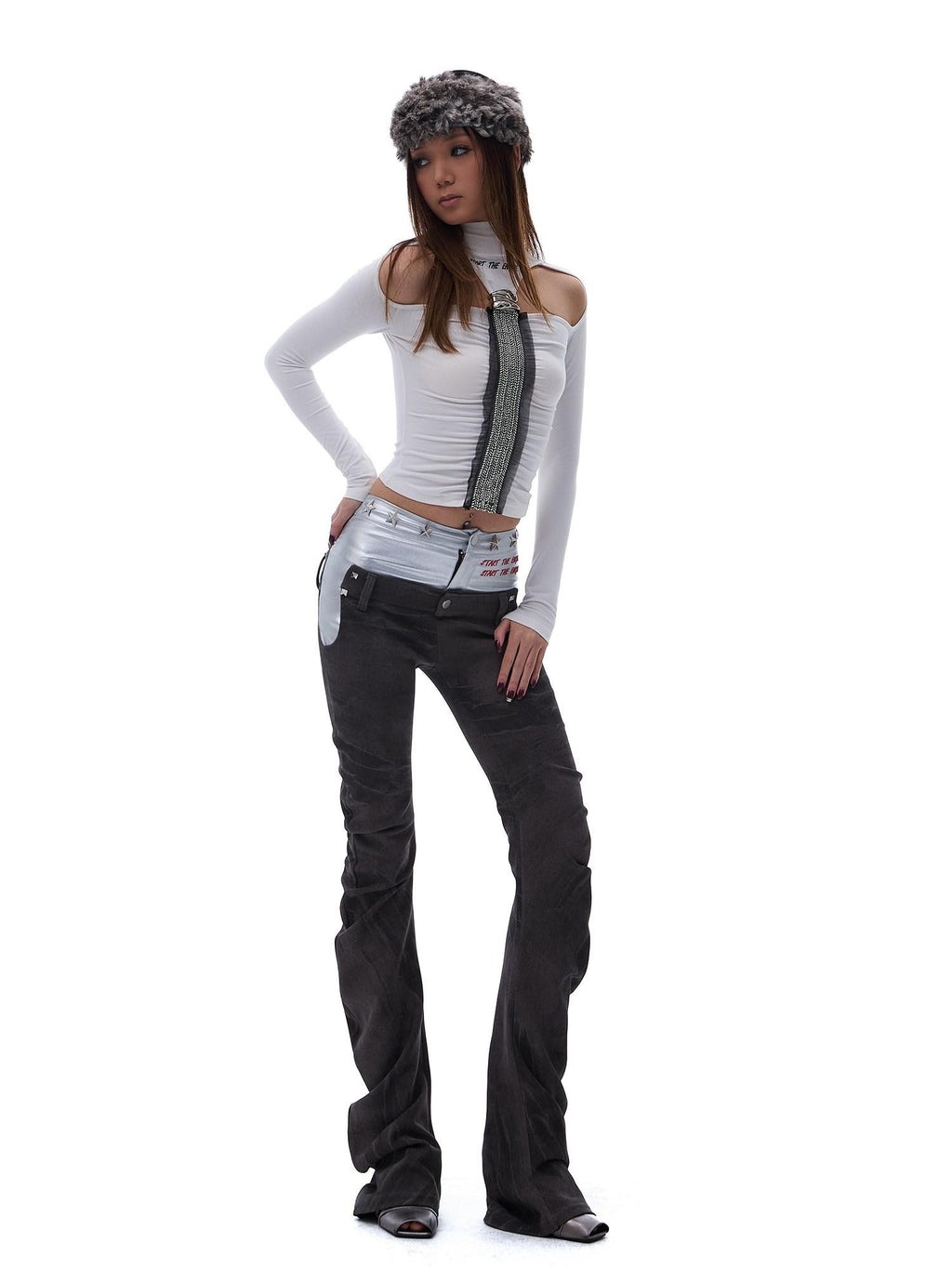 START THE ENGINE Denim Blue Double Waist Spliced Studded Cat Scratch Slim Women's Chinos