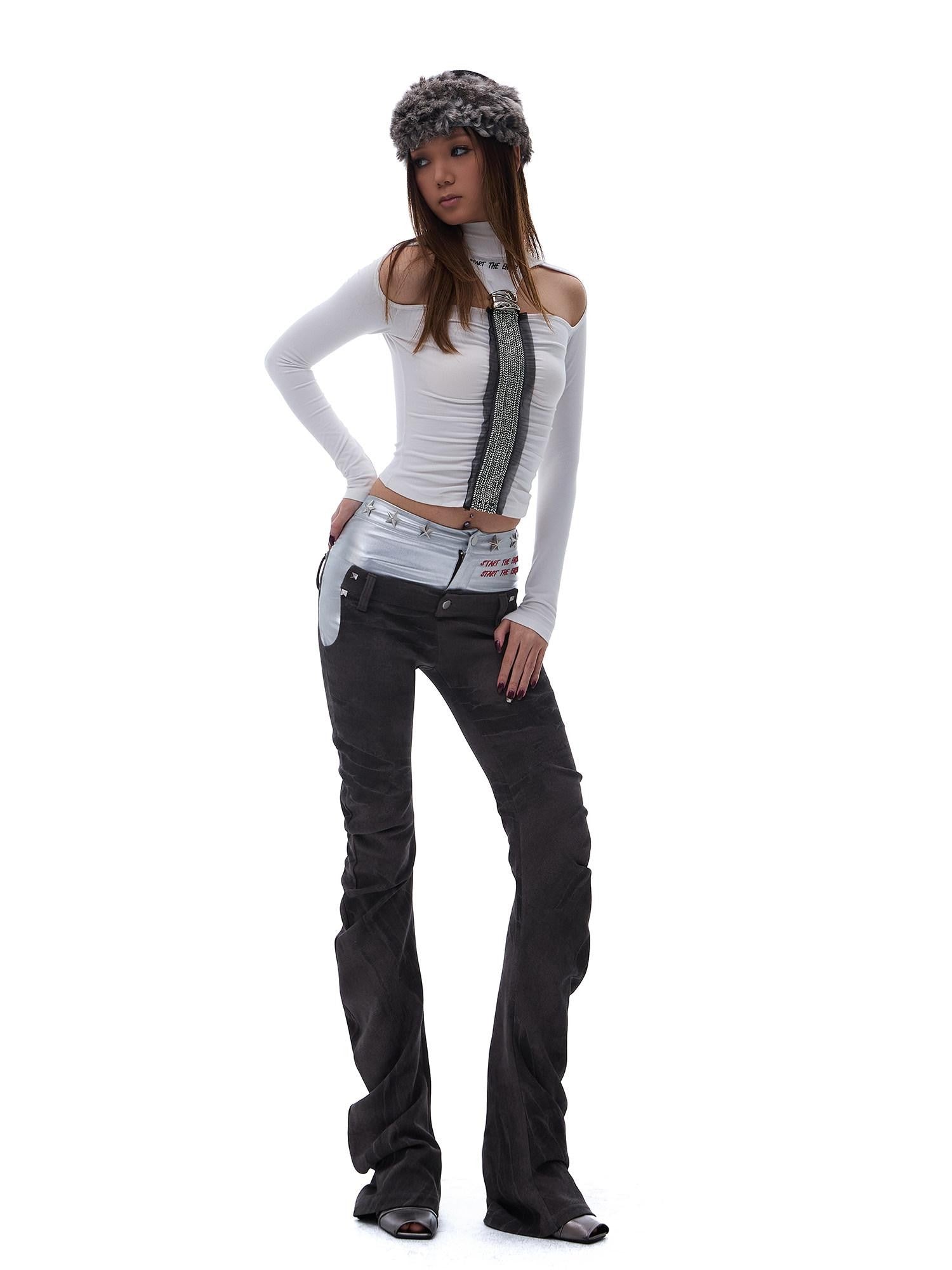START THE ENGINE Denim Blue Double Waist Spliced Studded Cat Scratch Slim Women's Chinos