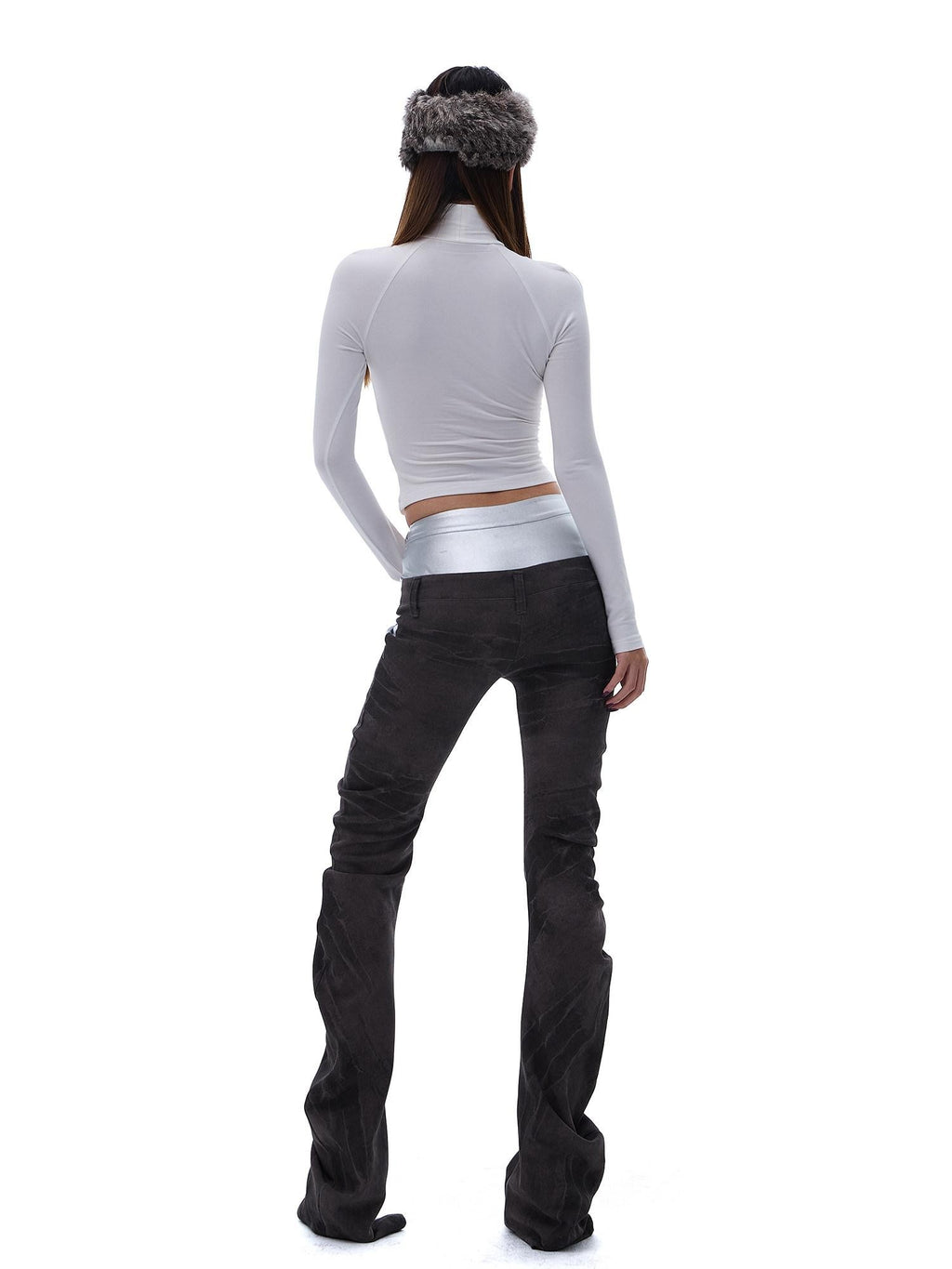 START THE ENGINE Denim Blue Double Waist Spliced Studded Cat Scratch Slim Women's Chinos