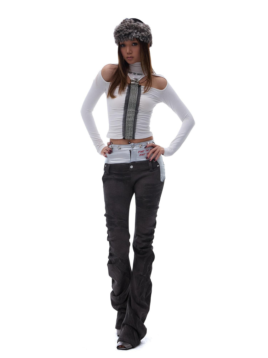 START THE ENGINE Denim Blue Double Waist Spliced Studded Cat Scratch Slim Women's Chinos