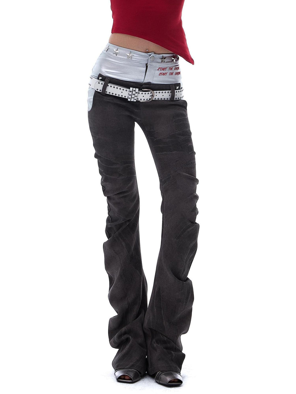 START THE ENGINE Denim Blue Double Waist Spliced Studded Cat Scratch Slim Women's Chinos