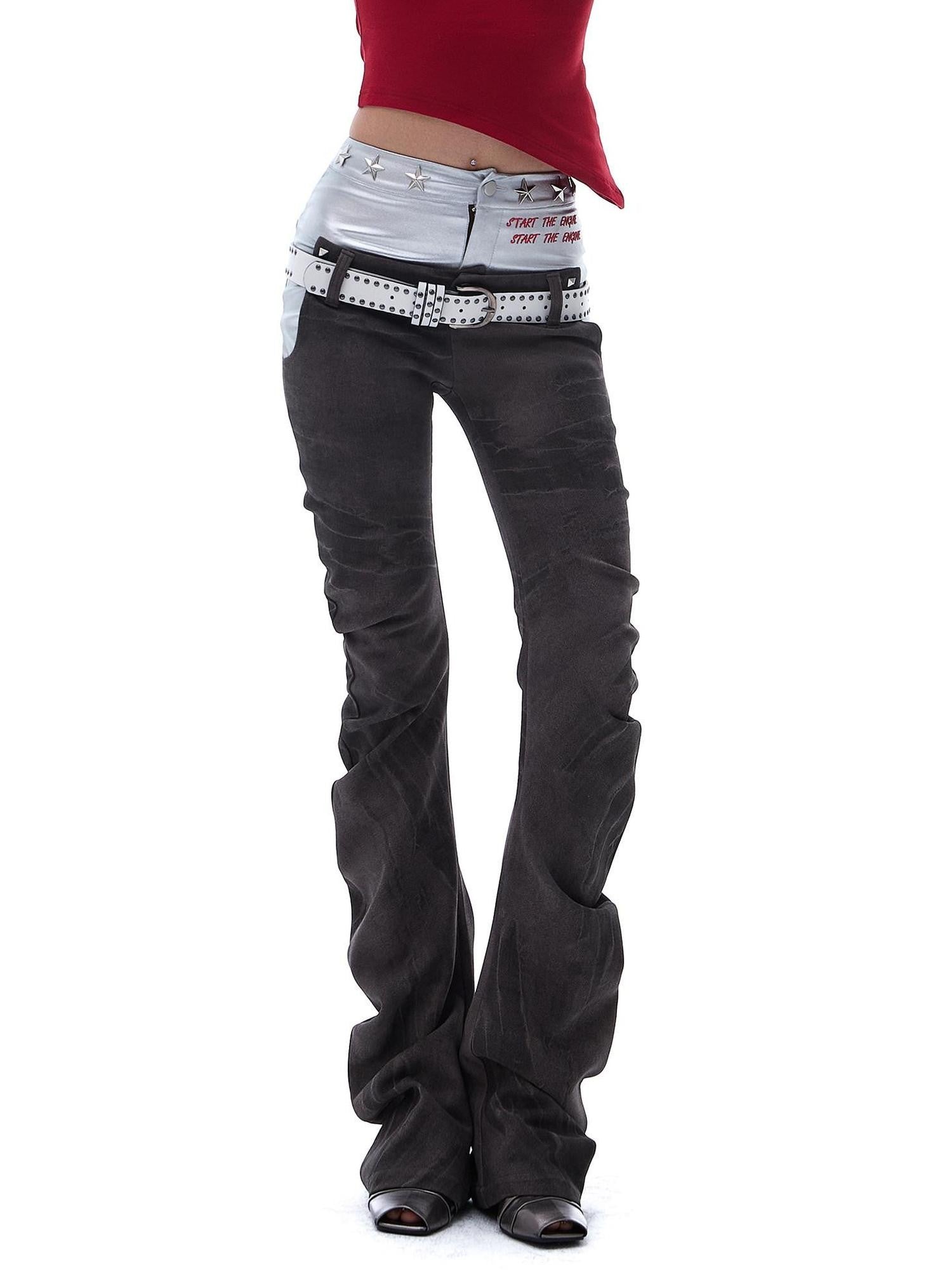 START THE ENGINE Denim Blue Double Waist Spliced Studded Cat Scratch Slim Women's Chinos