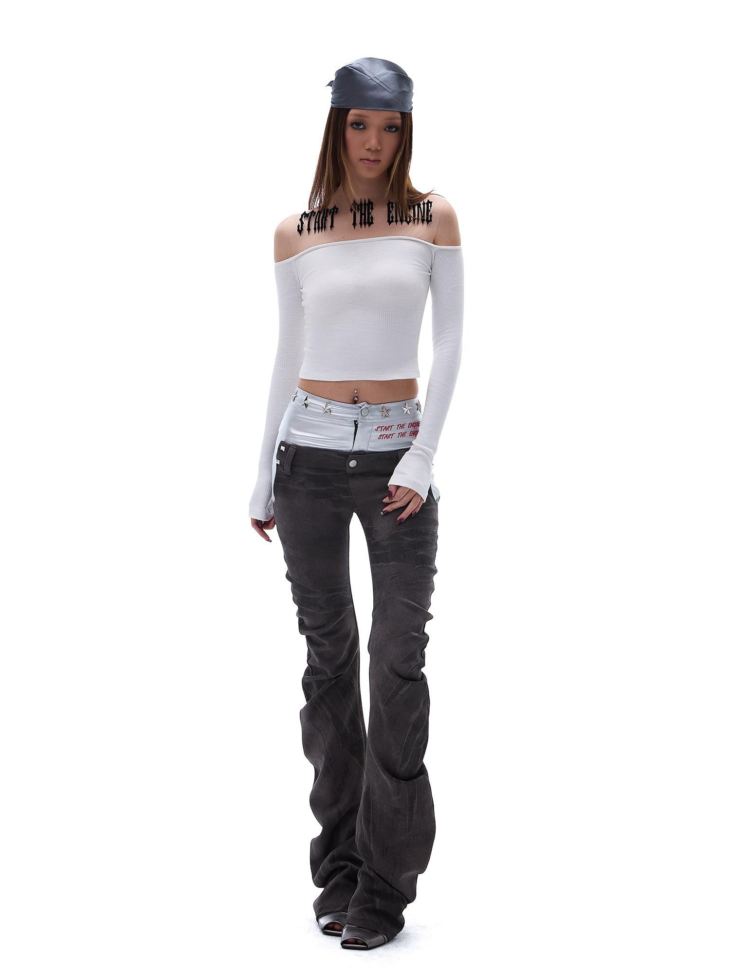 START THE ENGINE Denim Blue Double Waist Spliced Studded Cat Scratch Slim Women's Chinos