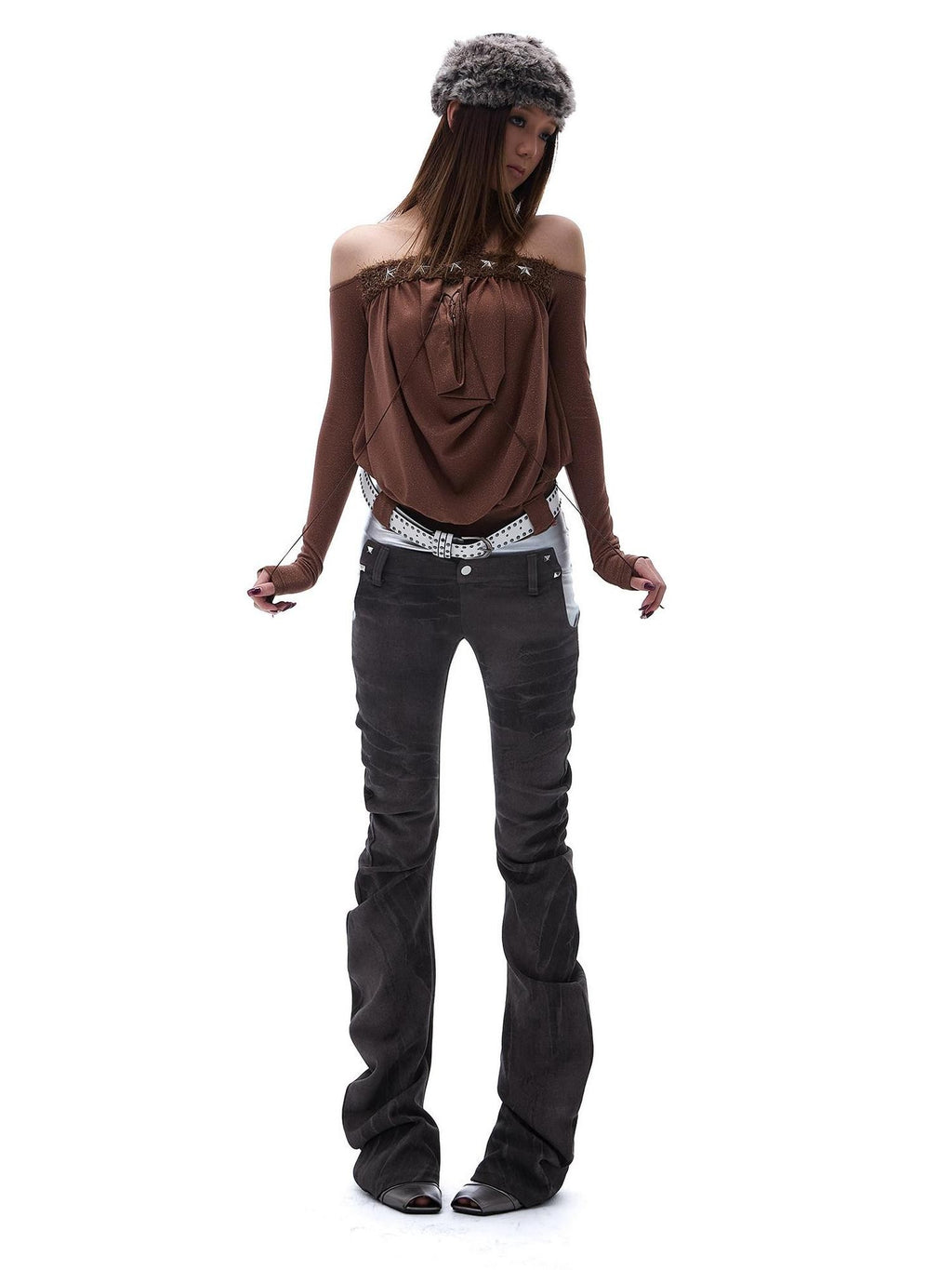 START THE ENGINE Denim Blue Double Waist Spliced Studded Cat Scratch Slim Women's Chinos
