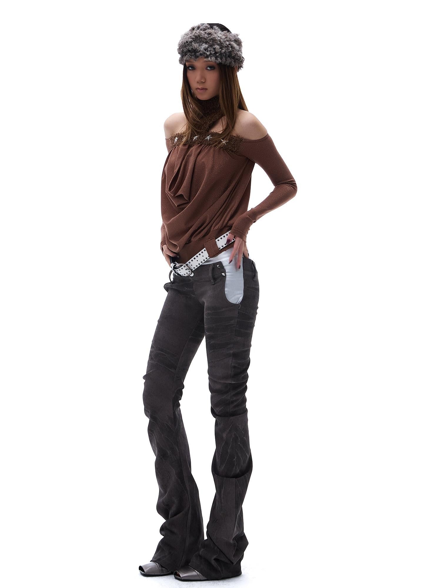 START THE ENGINE Denim Blue Double Waist Spliced Studded Cat Scratch Slim Women's Chinos