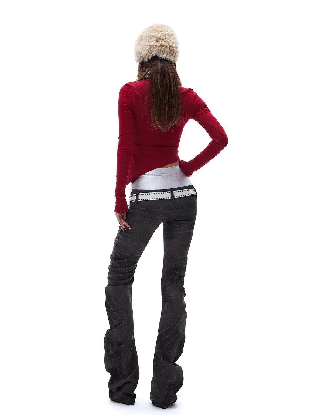 START THE ENGINE Denim Blue Double Waist Spliced Studded Cat Scratch Slim Women's Chinos